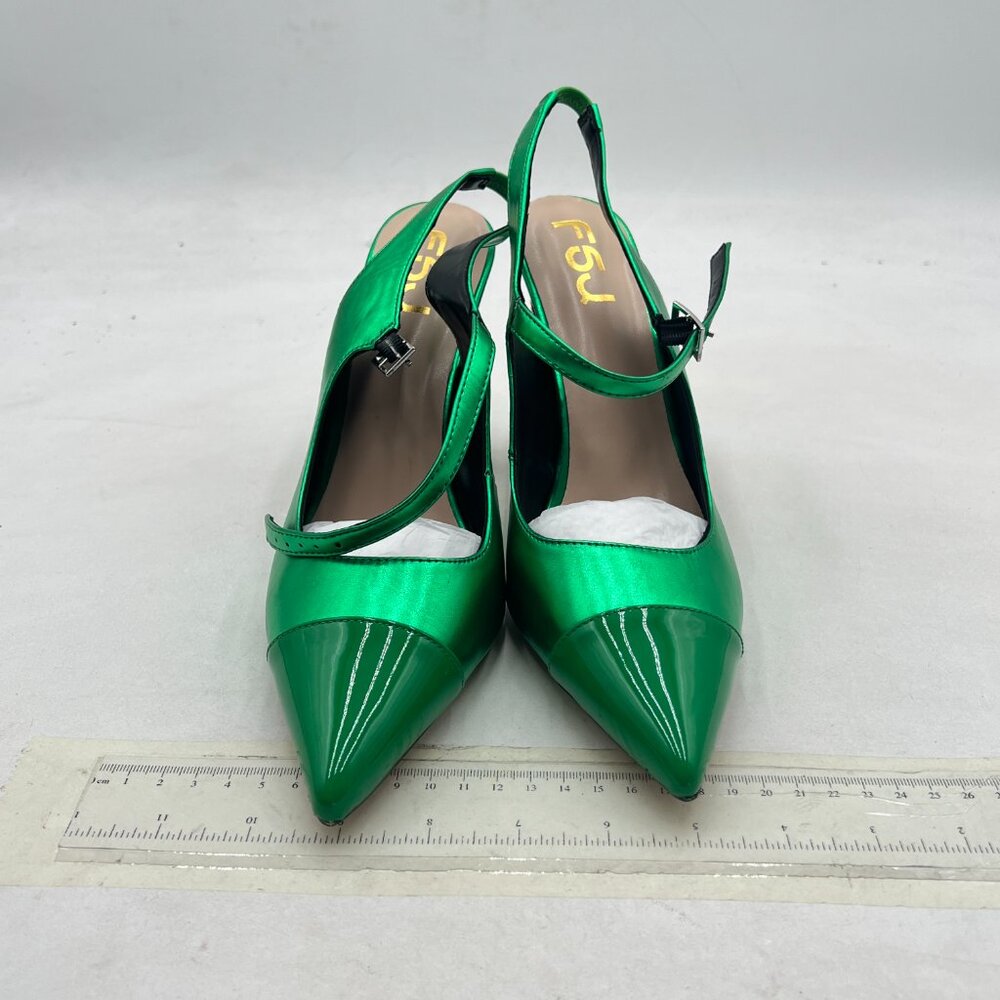 FSJ Green Slingback Crystal High Heel Pointed Toe Ankle Strap Dress Pumps - Picture 3 of 8